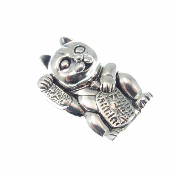 Solid 925 Sterling Silver Lucky Cat / Maneki Neko Slide Pendant Japanese Fortune - Picture 5 of 8